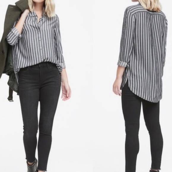 Banana Republic Striped Parker Tunic Fit Shirt Gray Button Up Long Sleeve Medium - Picture 2 of 10